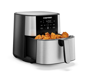 Chefman Air Fryer 8 Qt front view showing a sleek stainless steel body for versatile cooking.