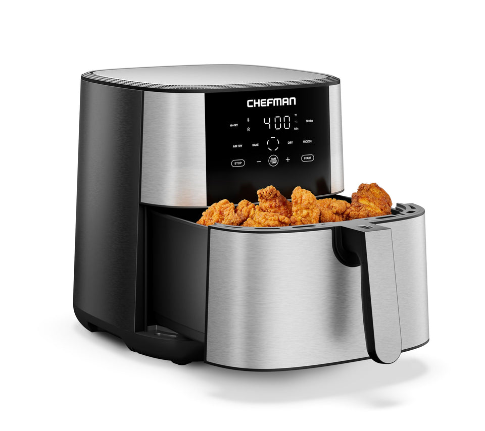 Chefman Air Fryer 8 Qt front view showing a sleek stainless steel body for versatile cooking.