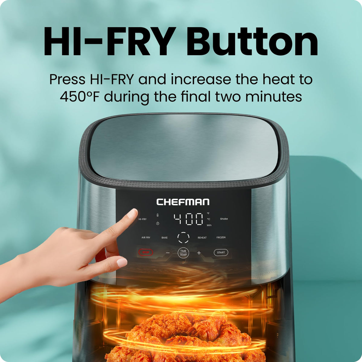 Chefman Air Fryer 8 Qt stainless steel exterior highlighting durable construction.