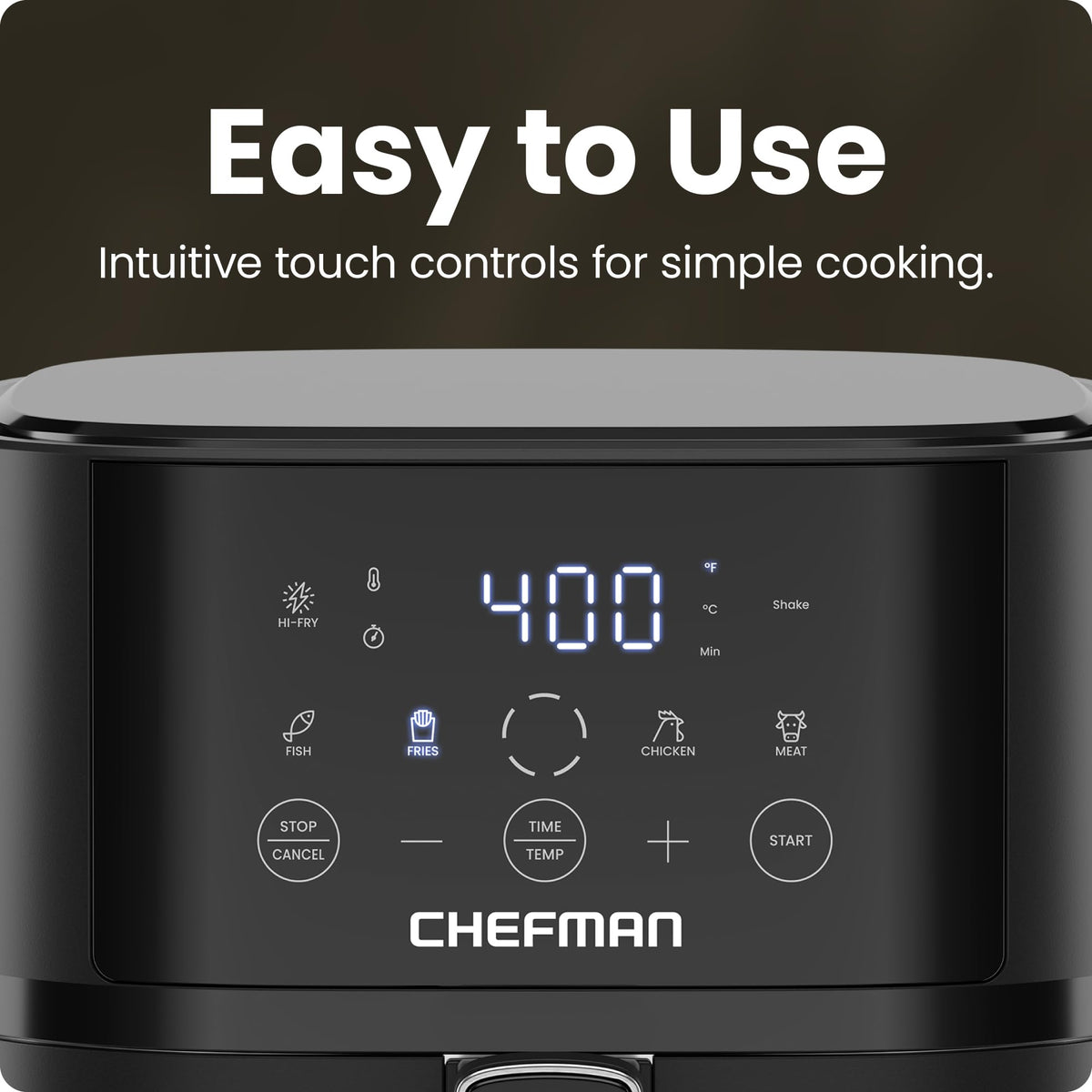 Chefman air fryer nonstick basket highlights easy cleanup with dishwasher-safe parts.