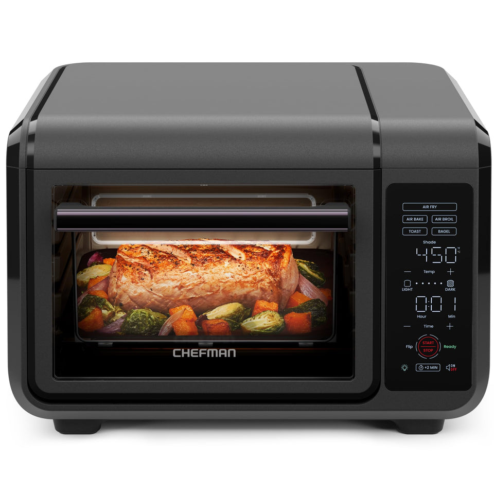 Chefman air fryer toaster oven front view highlights compact countertop design for busy kitchens.