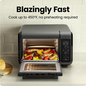 Chefman air fryer toaster oven side profile demonstrates large 15-quart capacity for family meals.