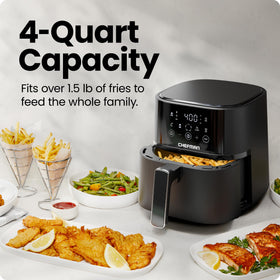 The Chefman air fryer touchscreen controls image shows precise settings and quick presets.
