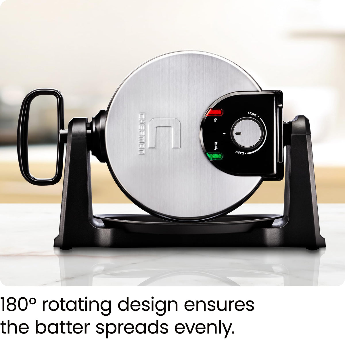 Chefman waffle maker showing adjustable timer for customizable browning.