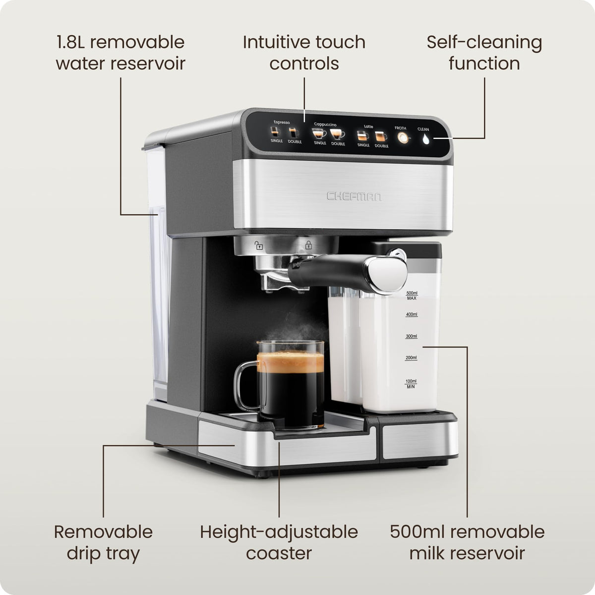 Chefman Cafemaster Pro stainless-steel body fits modern kitchens