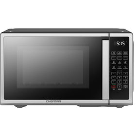Chefman countertop microwave front angle shows compact stainless steel design and quick-start controls.