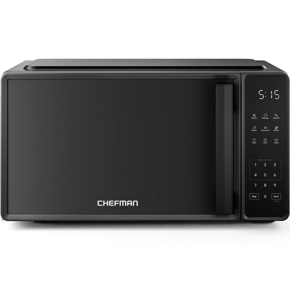 Chefman countertop microwave front view in black, space-saving design for kitchens.