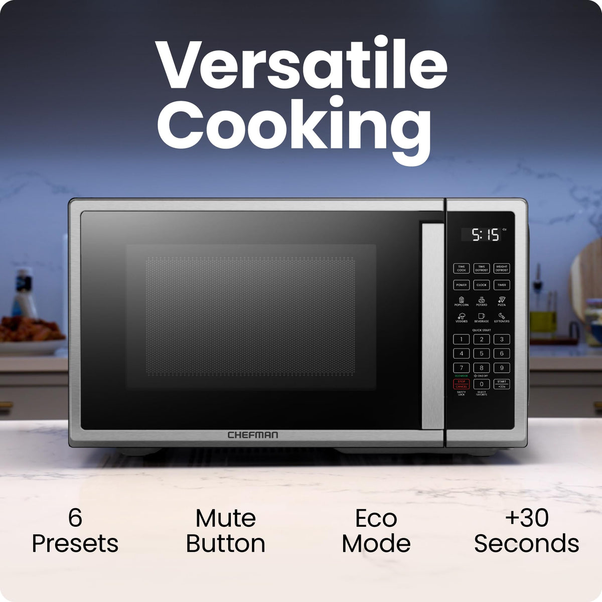 Chefman microwave interior cavity highlighting even heating and versatile cooking