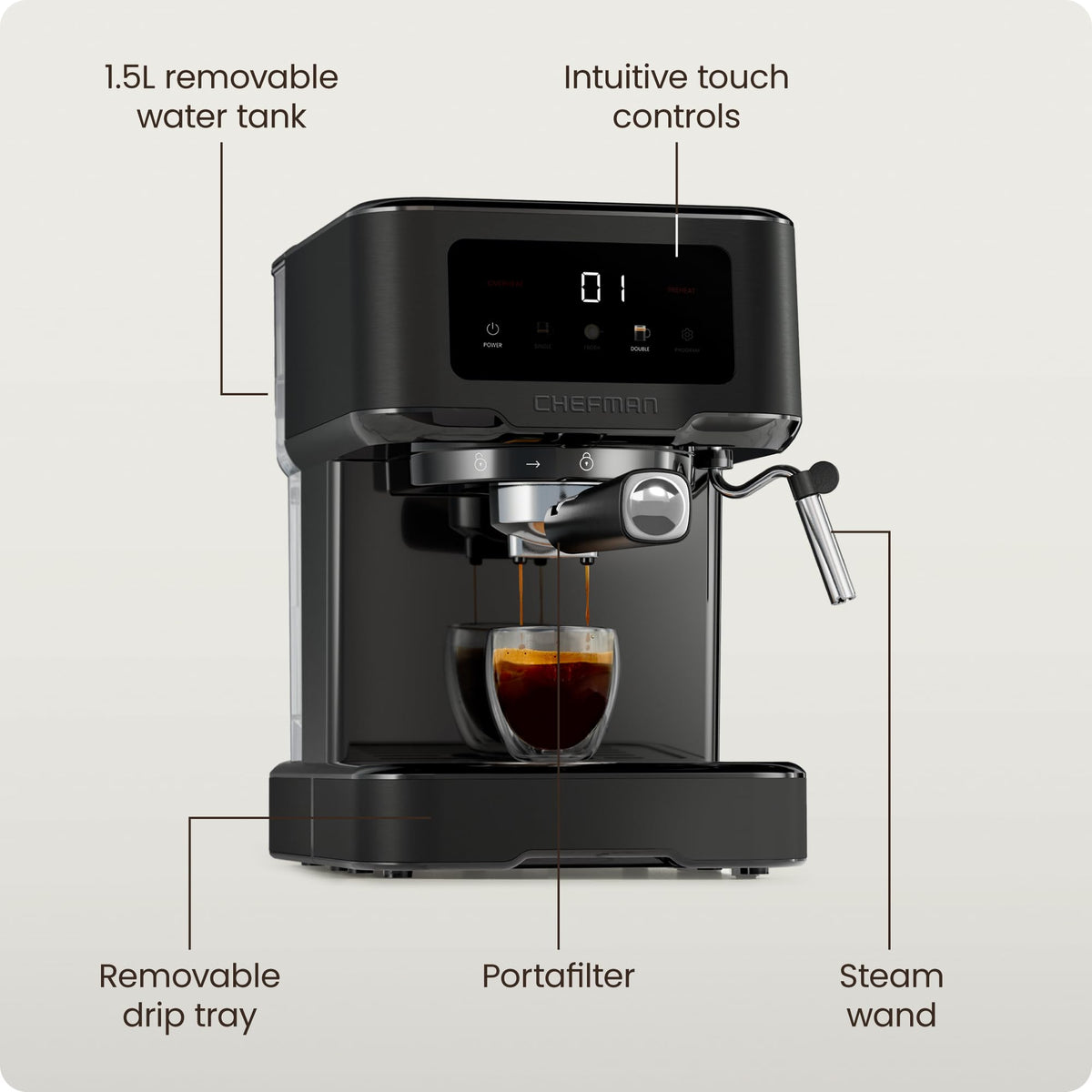 Chefman CraftBrew stainless black finish adds sleek kitchen style.