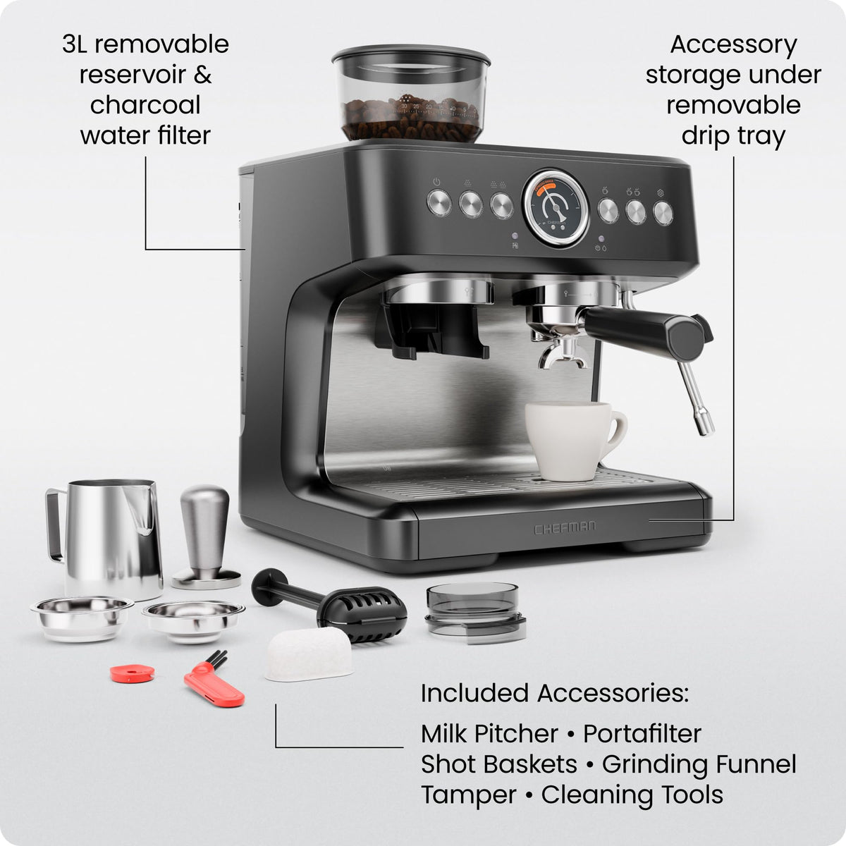 Chefman Crema Deluxe 3-liter water reservoir for extended brewing sessions