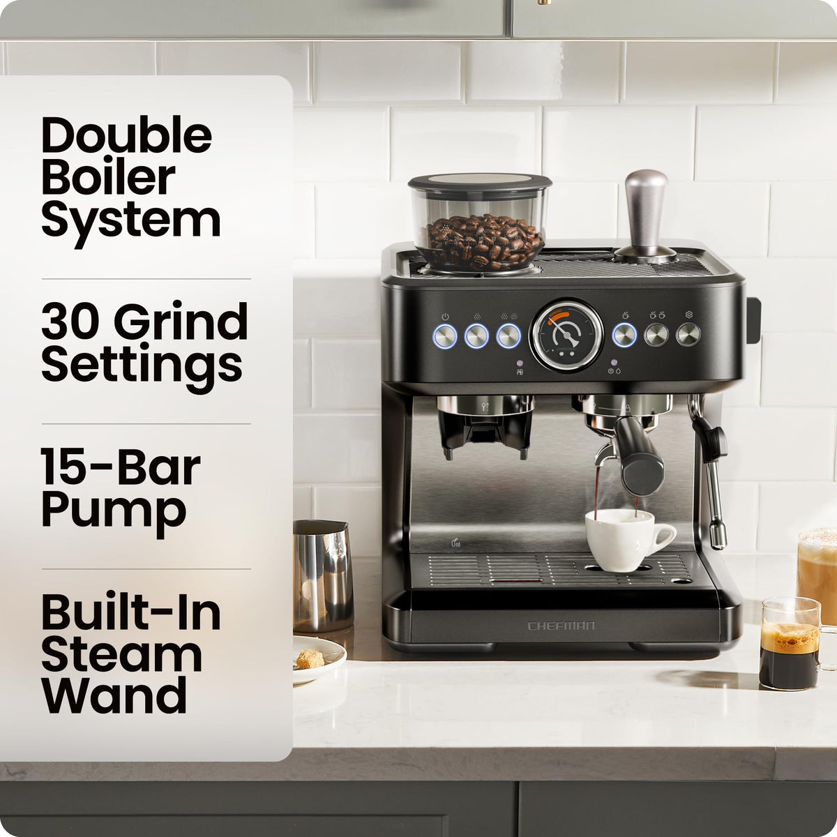 Chefman Crema Deluxe double boiler demonstrating fast simultaneous brewing and frothing