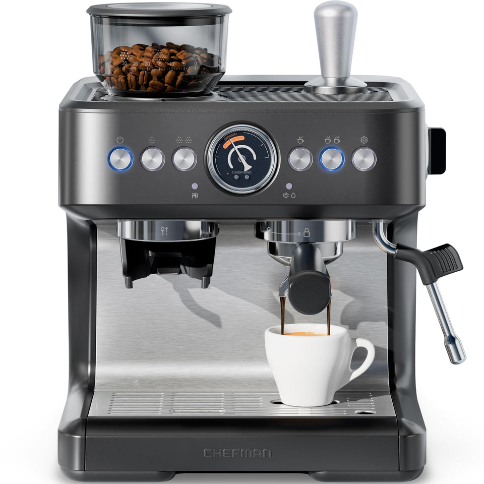 Chefman Crema Deluxe front view showing compact kitchen-ready espresso machine