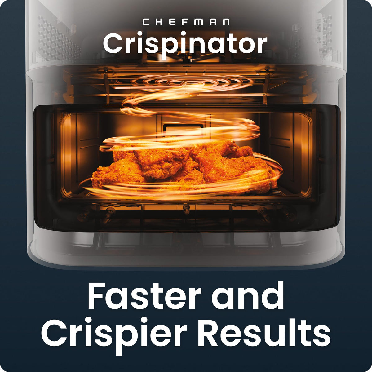 Chefman Crispinator TurboFry Pro technology delivers fast, even cooking for crispy results.
