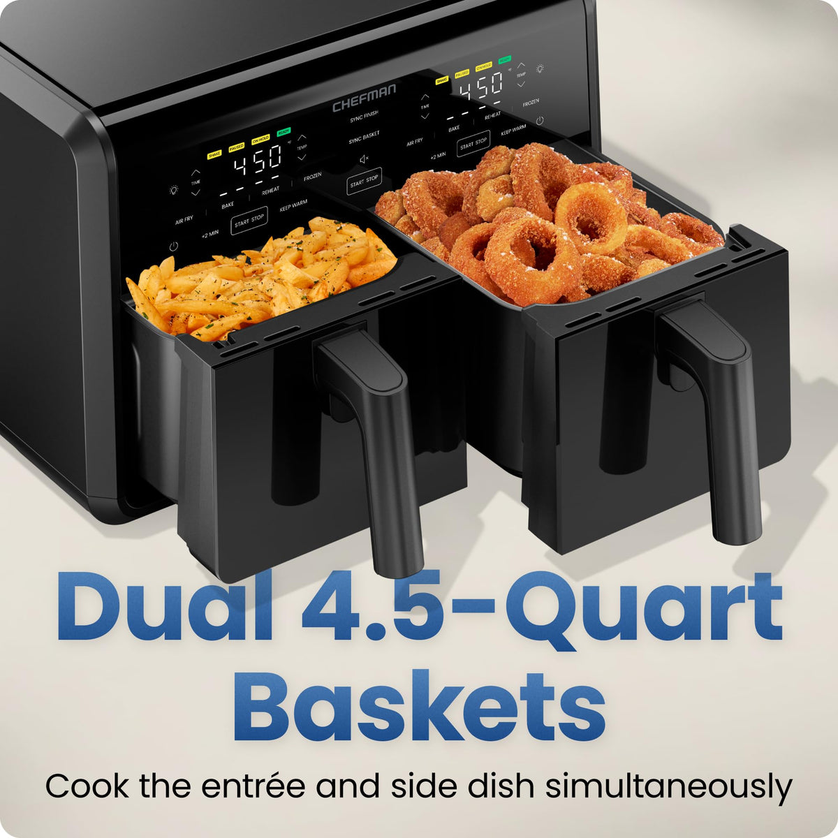 Chefman Dual Air Fryer Oven sync technology coordinates finishes for easy serving