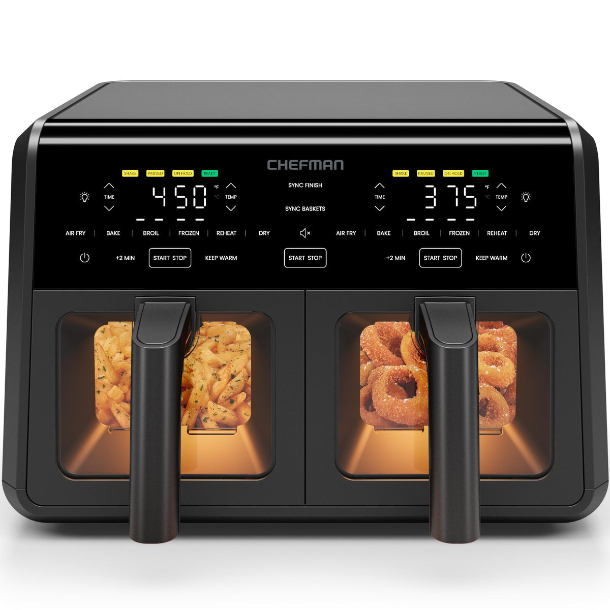 Chefman Dual Air Fryer Oven with two baskets enabling simultaneous cooking for mains and sides