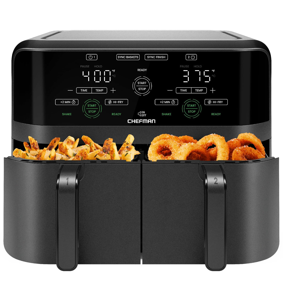 Chefman dual-basket air fryer front view with two zones for simultaneous cooking