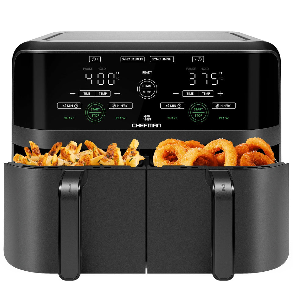 Chefman dual-basket air fryer front view with two zones for simultaneous cooking
