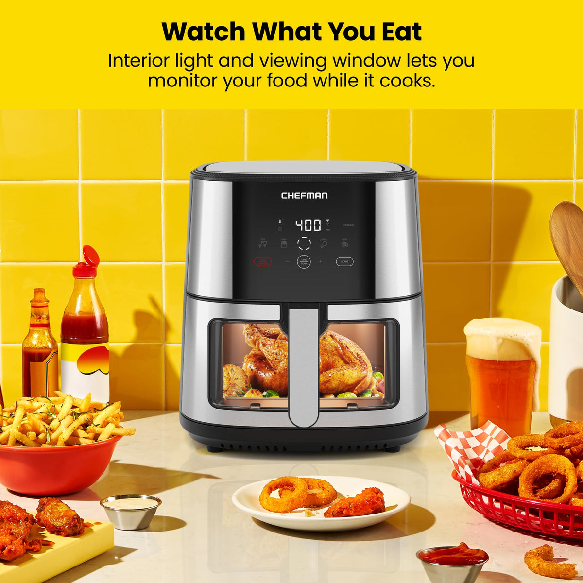 Chefman Easy-View interior light highlights golden-brown chicken or fish