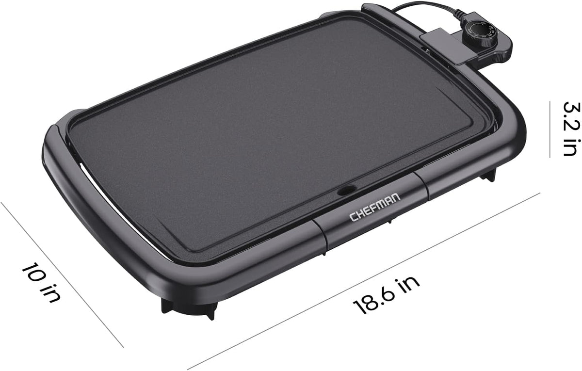 Chefman electric griddle nonstick cooking surface for quick cleanup.