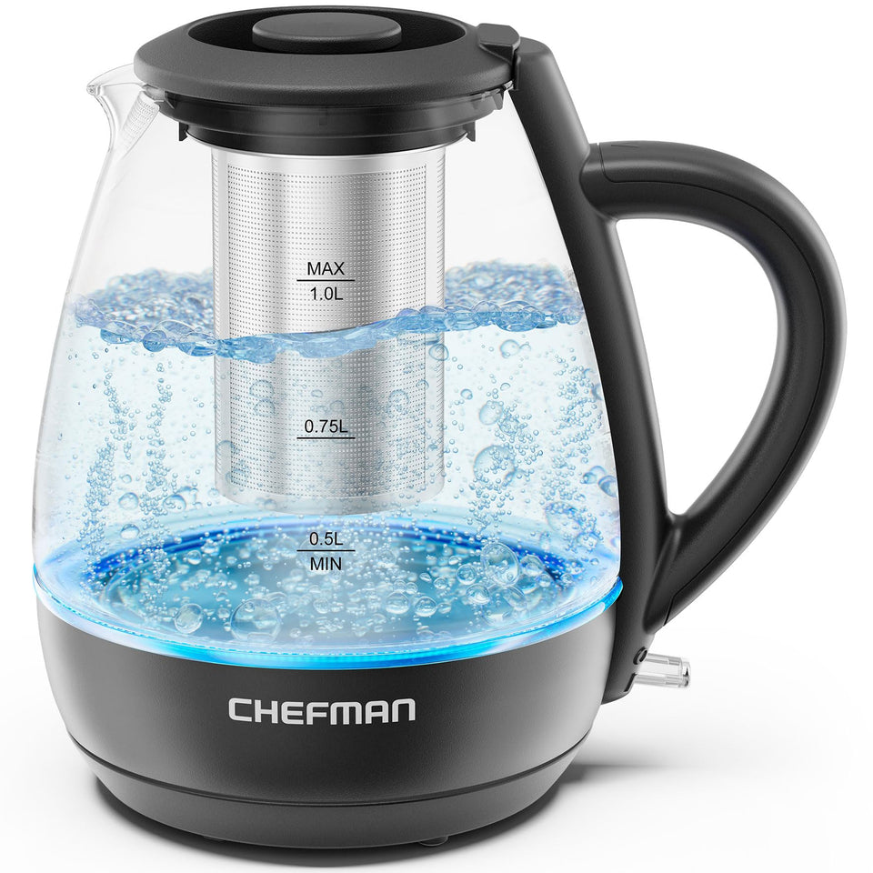 Chefman electric kettle on base shows quick hot water preparation.