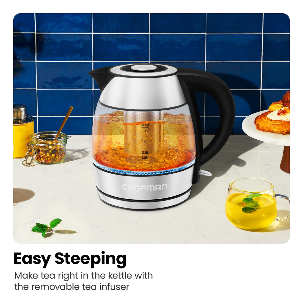 360-degree swivel base on Chefman kettle for easy pouring.