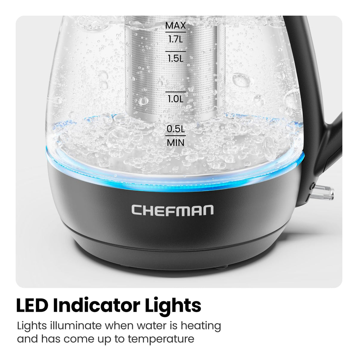 Chefman electric kettle 360-degree swivel base for easy pouring.