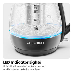 Chefman electric kettle 360-degree swivel base for easy pouring.