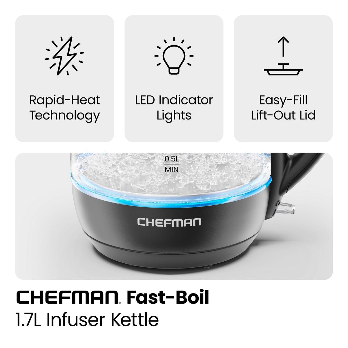 Chefman electric kettle cordless base for convenient serving.