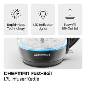 Chefman electric kettle cordless base for convenient serving.