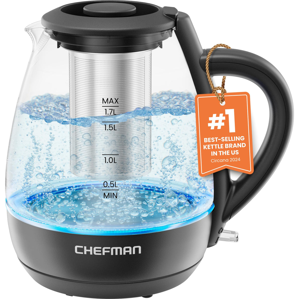 Chefman electric kettle fast boil with visible steam for quick tea.