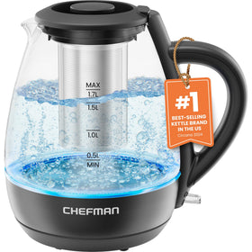 Chefman electric kettle fast boil with visible steam for quick tea.