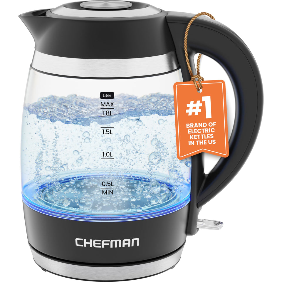 Chefman electric kettle front view with borosilicate glass for quick tea or coffee prep