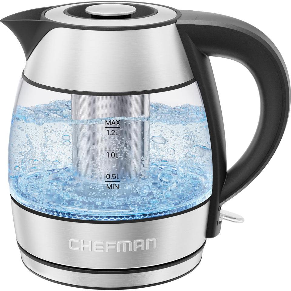 Chefman electric kettle with glass body boiling water quickly.