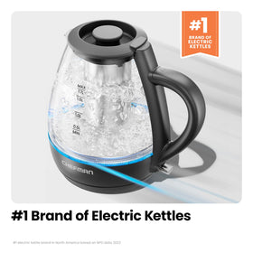 Chefman electric kettle blue LED indicator during heating.