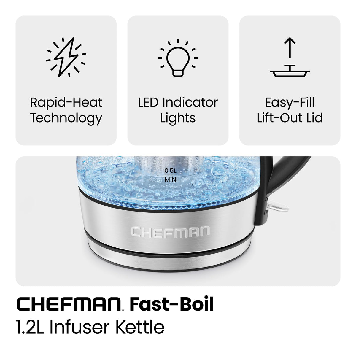 Removable lid on Chefman kettle for easy filling and cleaning.