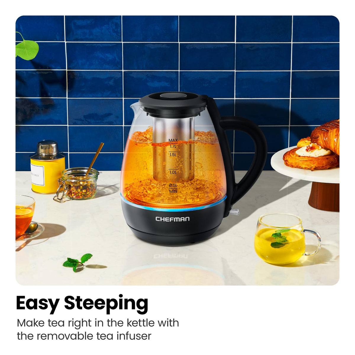 Chefman electric kettle stainless steel filter keeps leaves contained.