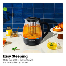 Chefman electric kettle stainless steel filter keeps leaves contained.
