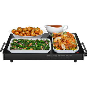 Chefman electric warming tray with glass top keeps dishes warm at buffets.