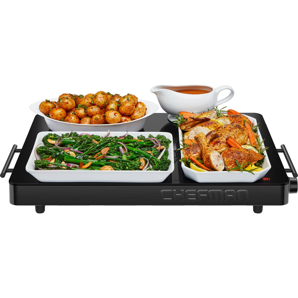 Chefman electric warming tray with glass top keeps dishes warm at buffets.