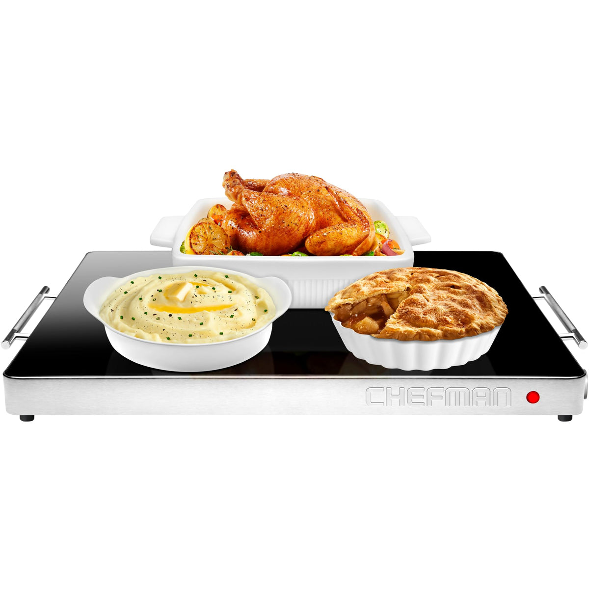 Chefman electric warming tray with glass top offers a large 21x16 serving surface.