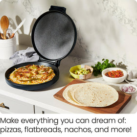Chefman Everything Maker top view highlighting dual heating for crusty results