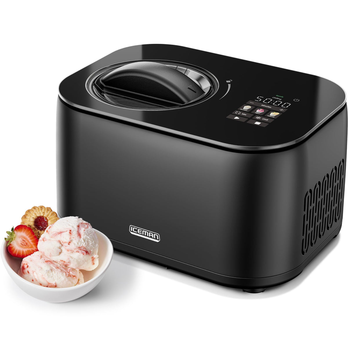 Chefman Iceman built-in compressor front view enabling quick ice cream creation