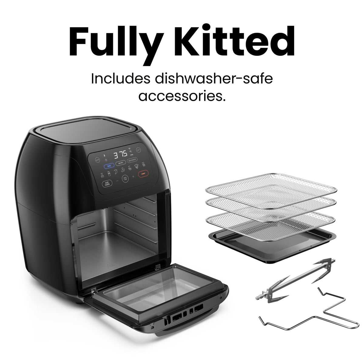 Chefman included racks and drip tray support versatile cooking.
