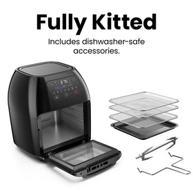 Chefman included racks and drip tray support versatile cooking.