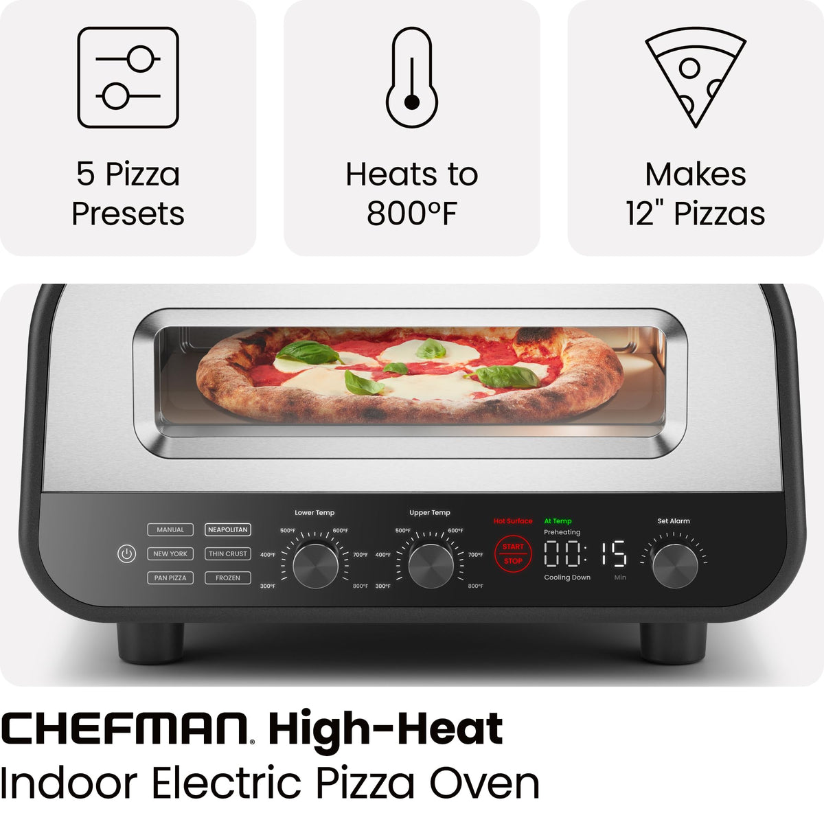 Chefman Indoor Pizza Oven control panel highlighting five presets for pizza styles.
