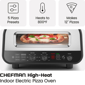 Chefman Indoor Pizza Oven control panel highlighting five presets for pizza styles.