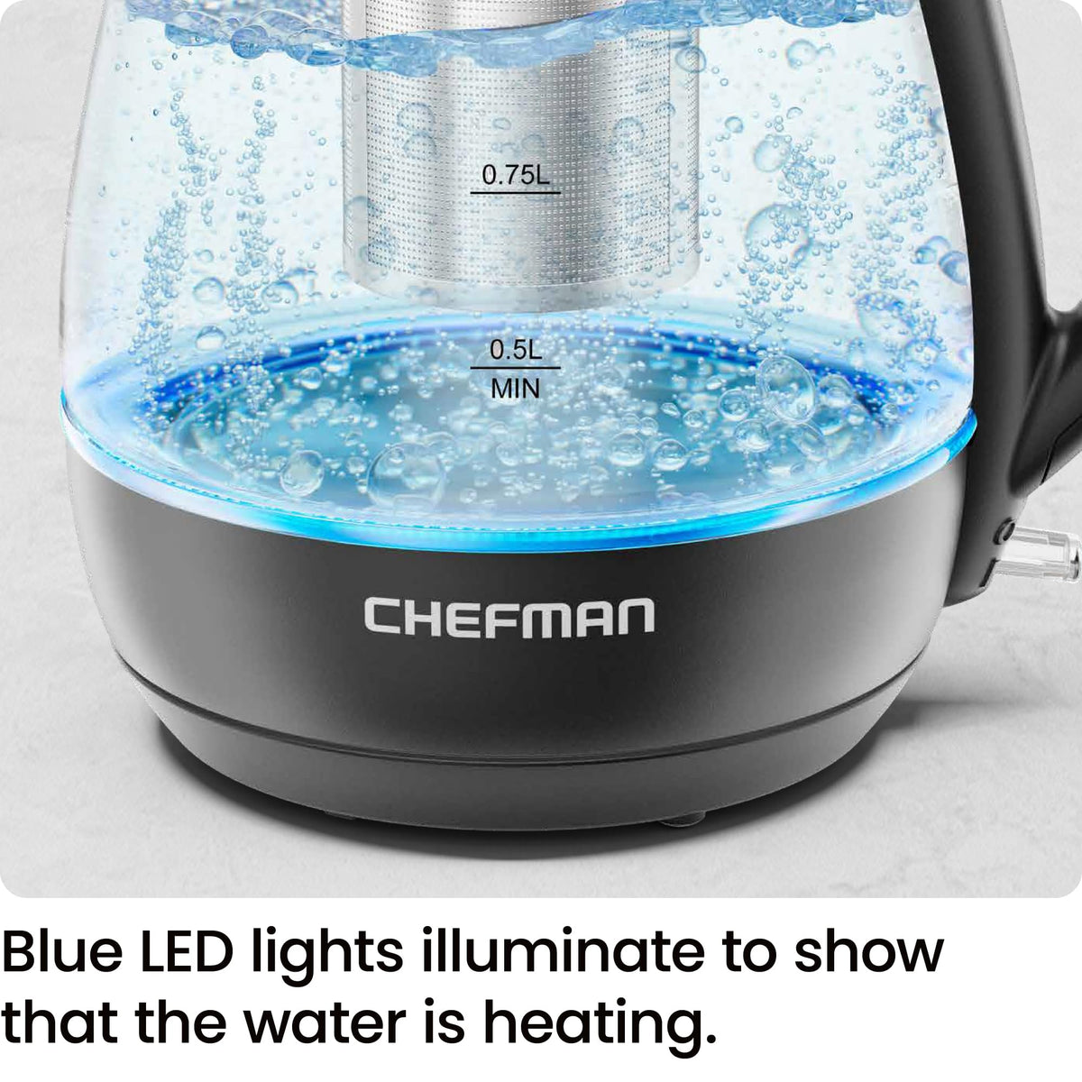 Chefman kettle with blue LED indicator during heating.