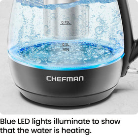 Chefman kettle with blue LED indicator during heating.