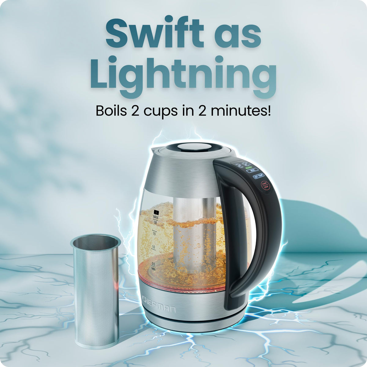 Chefman Lightning kettle showing digital temperature control for precise steeping.