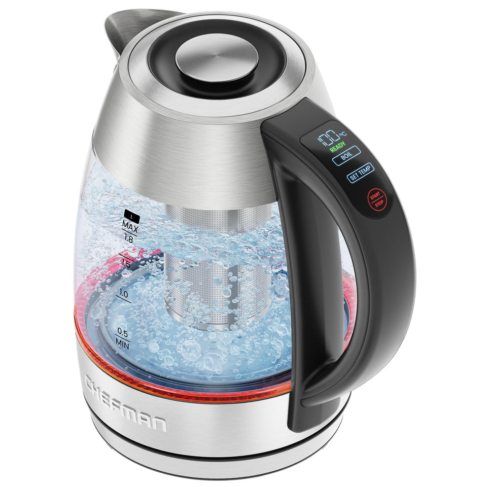 Chefman Lightning kettle rapid boil for quick two-cup tea prep.